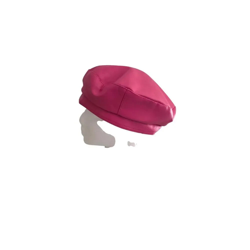 NEW Faux Leather Beret Hat Womens Hot Pink Detachable Crystal Brooch Pin 56-58cm